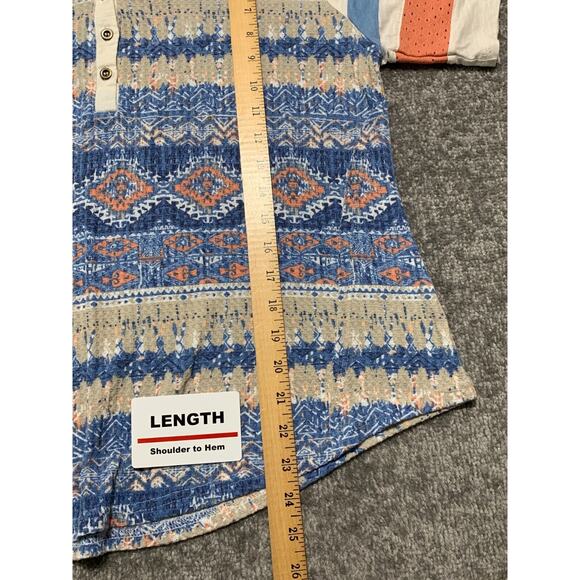 Cato Shirt Top Women Size L Blue Printed Stretch Popover Short Sleeve STAINS - Picture 12 of 14